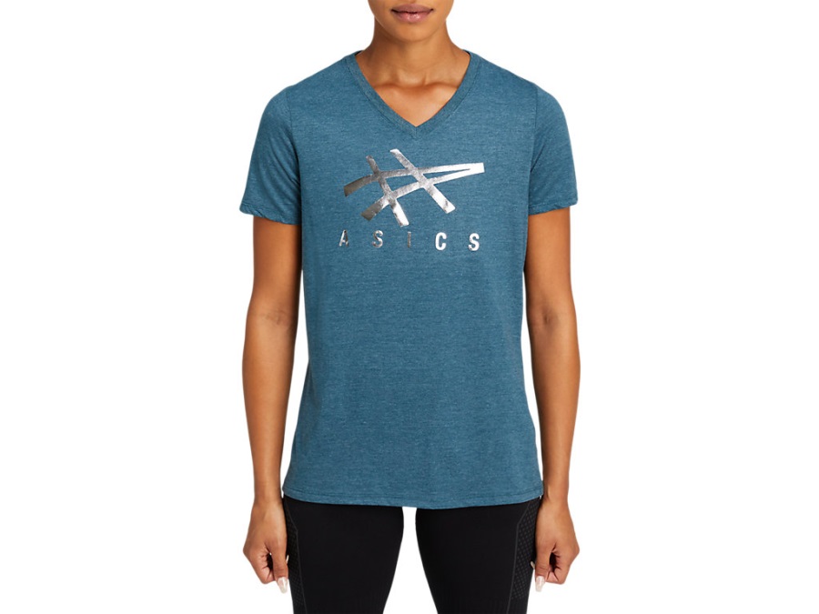 Asics Women's Asics Stripe V-Neck Magnetic Blue Heather