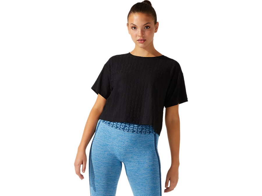 Asics Women's Cropped Asics Logo Jacquard Short Sleeve Performance Black
