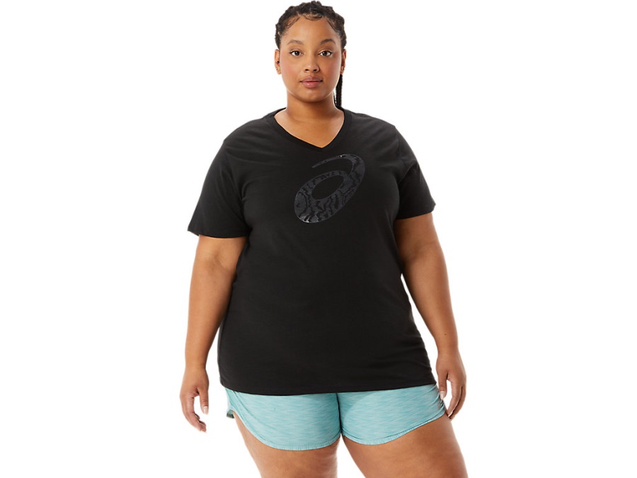 Asics Women's Spiral &'A&' Airbrush Tiger Print V-Neck Performance Black