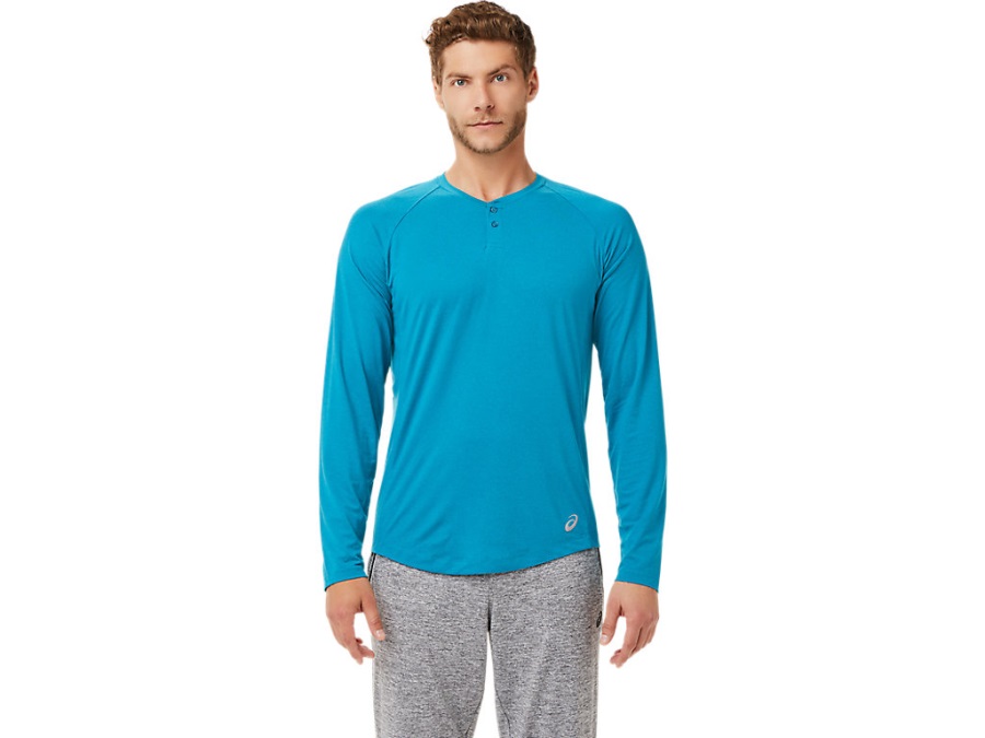 Men's Performance Henley Long Sleeve Asics Teal Blue Heather